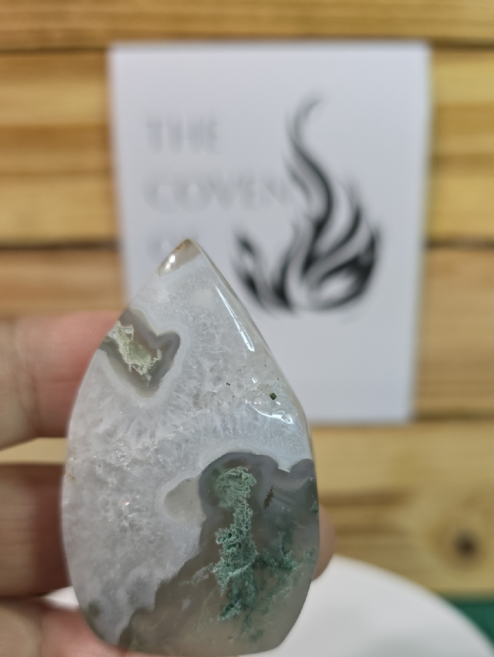 Natural Moss Agate Teardrop / Flame with Quartz